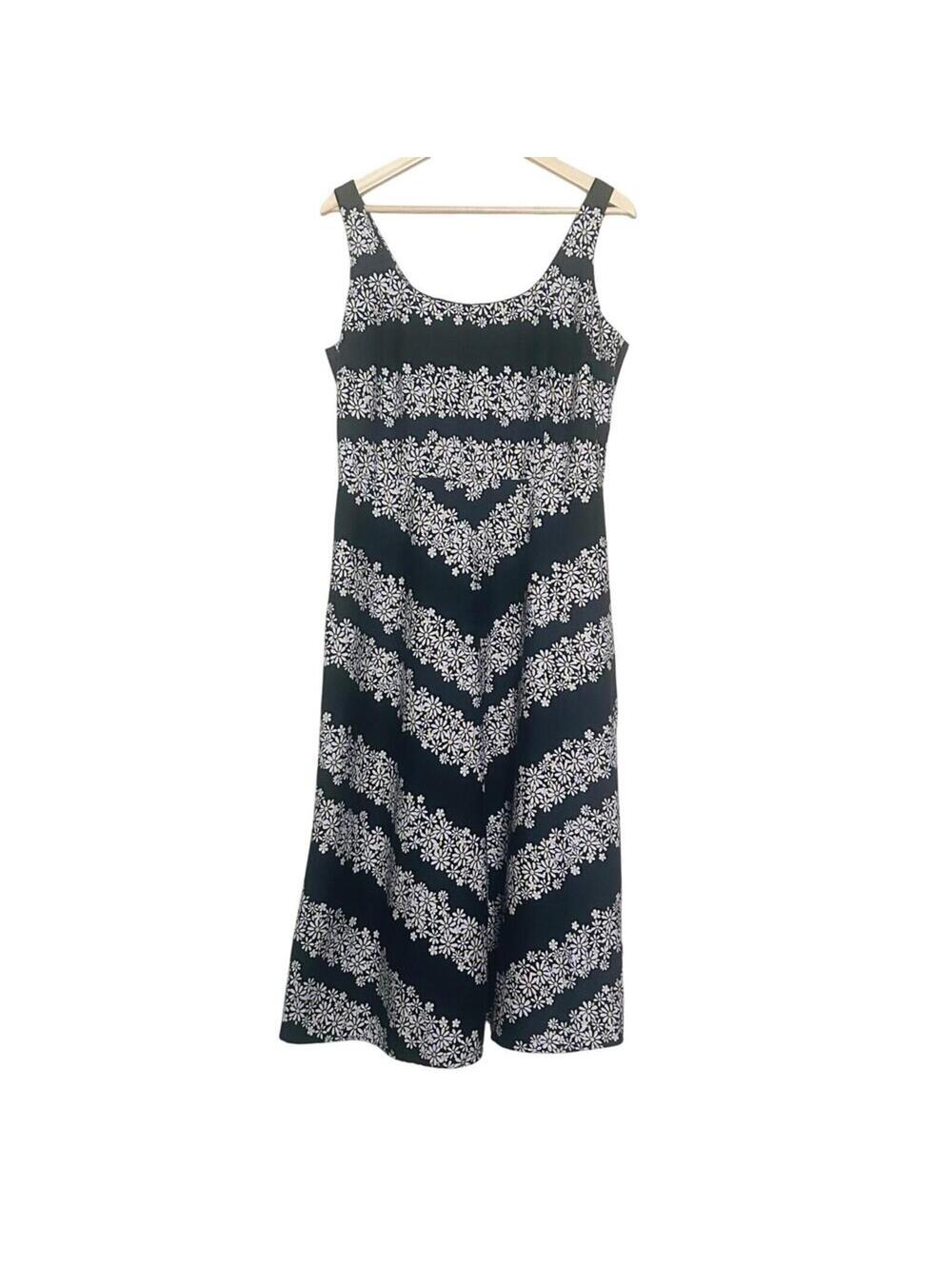 Coldwater Creek Sleeveless Floral Dress Black White Yellow Scoop Neck 14 Midi